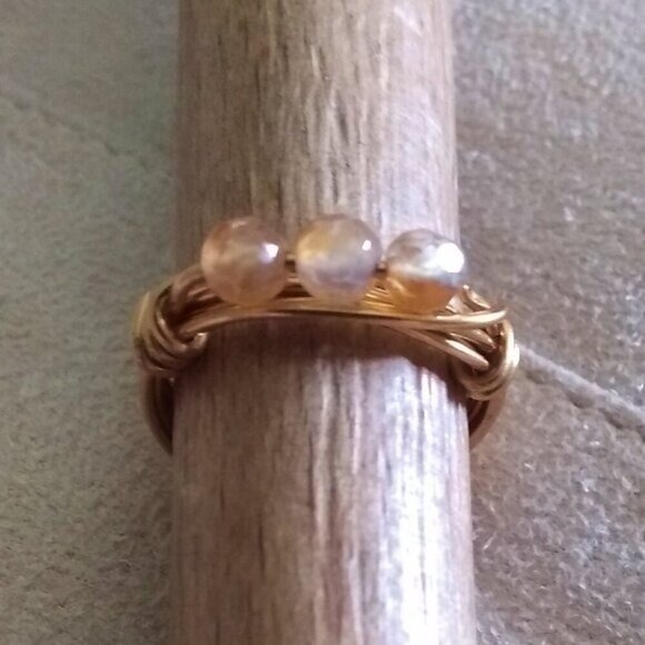 Apricot + Pale Tangerine Agate ~ Beaded Gemstone Rings - Handmade Sz 5.75 + 6 - Picture 2 of 8